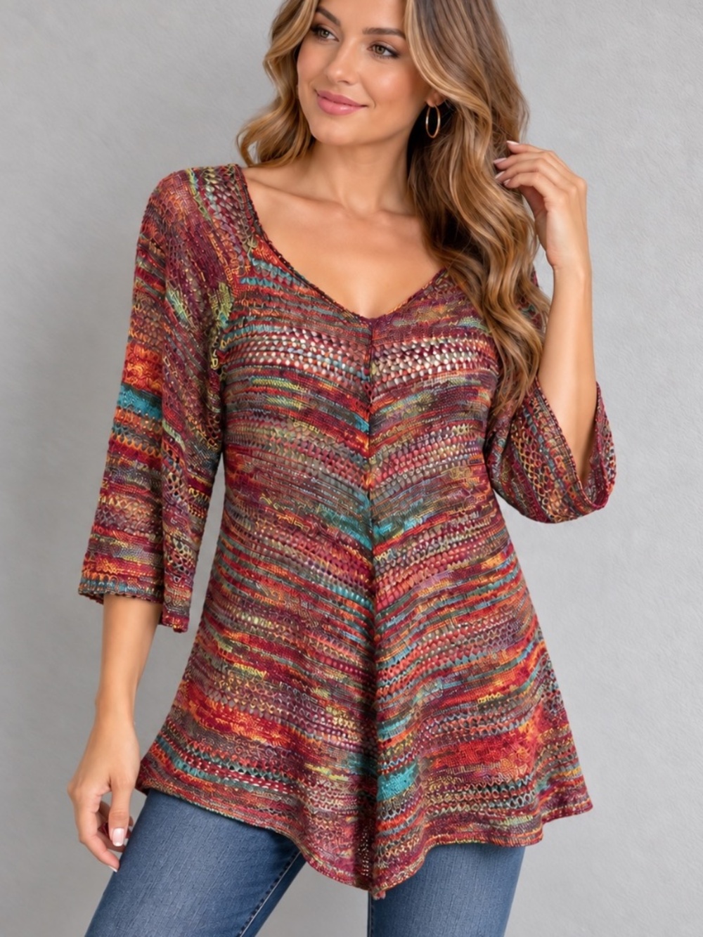 Faded Glory Medium Multicolor Boho Open Knit Crochet Tunic Top/Coverup